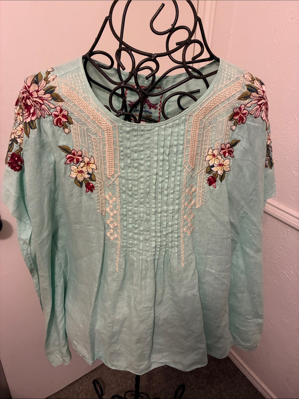 Johnny Was Mint Green Embroidered Peasant Tunic